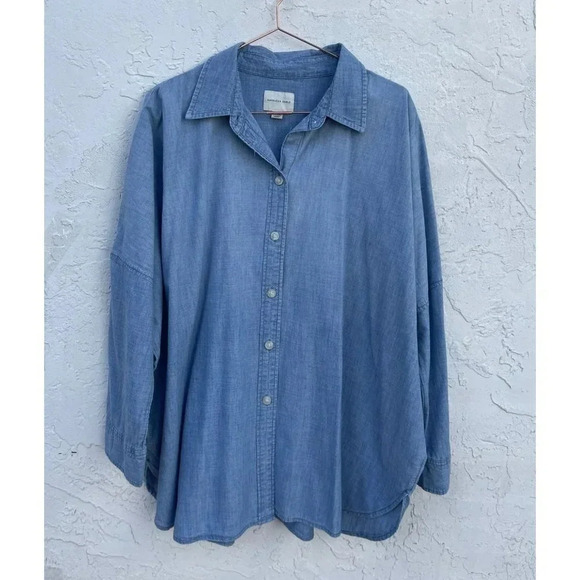 American Eagle Womens Long Sleeve Button Down Jean Shirt Chambray Blue Sz S - Picture 1 of 9
